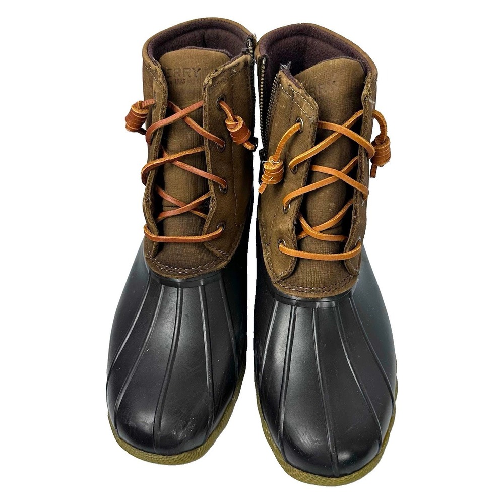 Sperry Top-Sider Women's Waterproof Duck Rain Boots Black/Brown Lace-Up 10